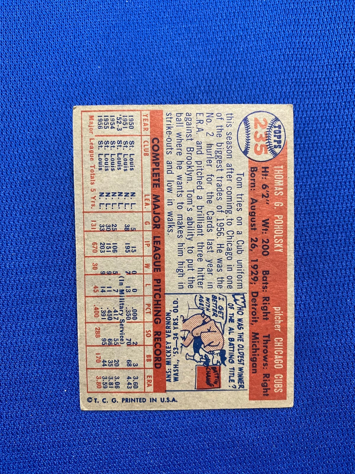 1957 TOPPS TOM POHOLSKY CHICAGO CUBS #235 CARD VINTAGE SET-BREAK
