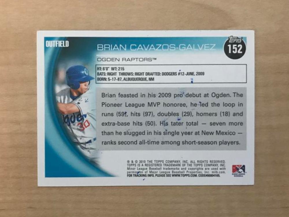 BRIAN CAVAZOS-GALVES OGDEN RAPTORS SIGNED 2010 TOPPS PRO DEBUT CARD #152 W/COA