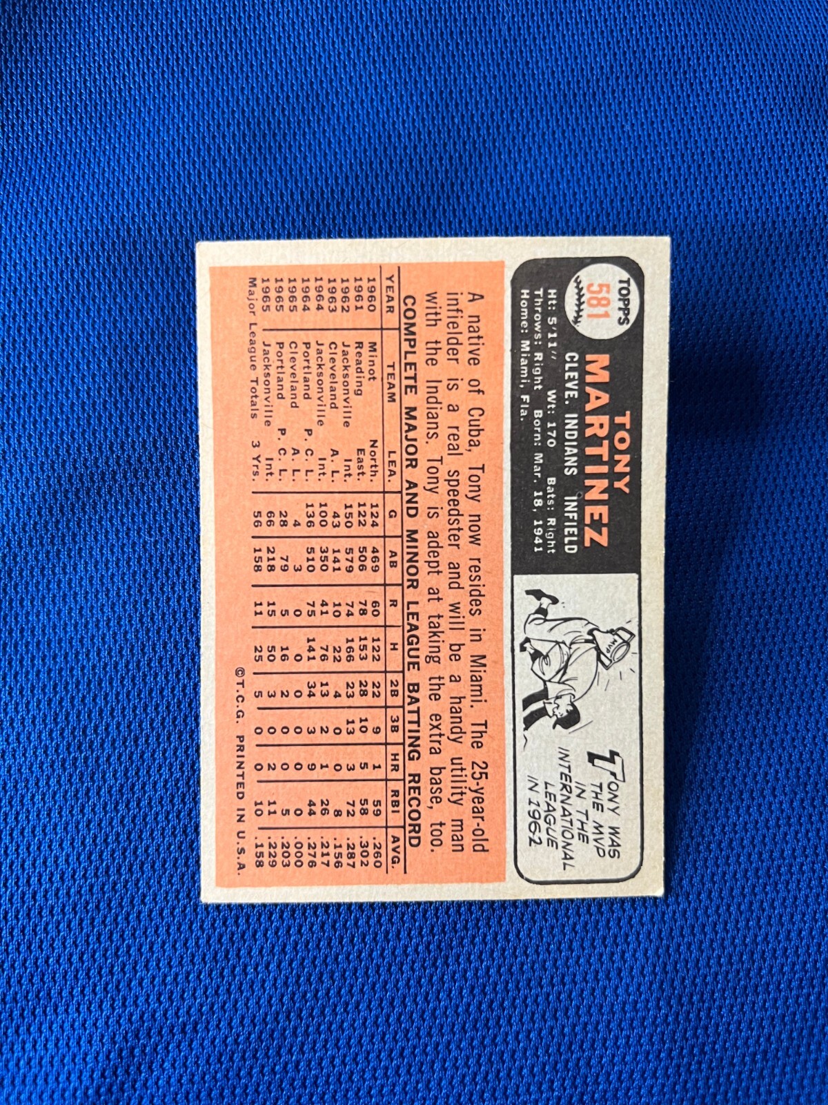 VINTAGE 1966 TOPPS TONY MARTINEZ CLEVELAND INDIANS CARD #581 HIGH NUMBER