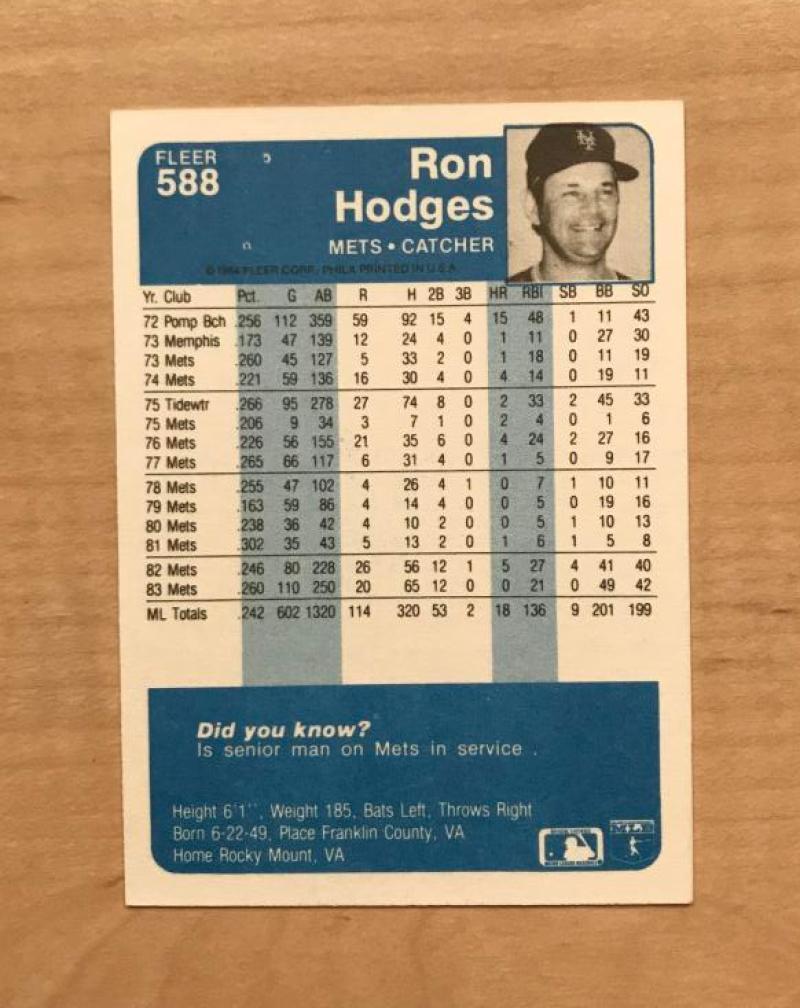 RON HODGES NEW YORK METS SIGNED AUTOGRAPHED 1984 FLEER CARD #588 W/COA