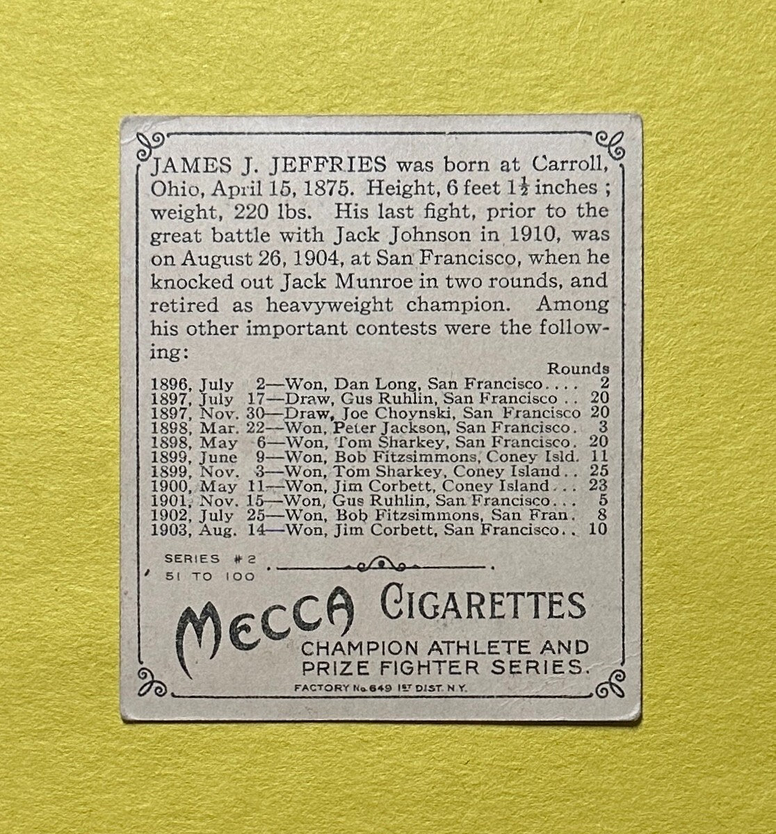 1910 T-218 CHAMPIONS JAMES J. JEFFRIES BOXING CARD