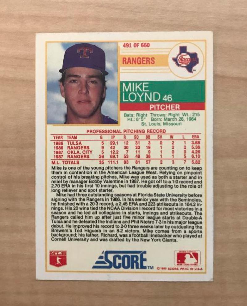 MIKE LOYND TEXAS RANGERS SIGNED AUTOGRAPHED 1988 SCORE CARD #491 W/COA