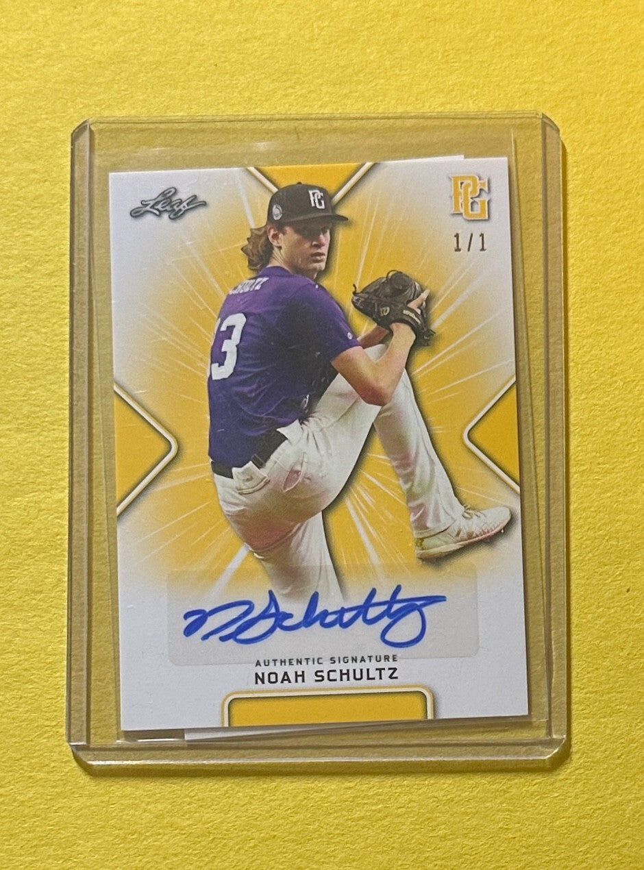 2021 LEAF PERFECT GAME NOAH SCHULTZ PRE PRODUCTION PROOF 1/1 AUTO YELLOW
