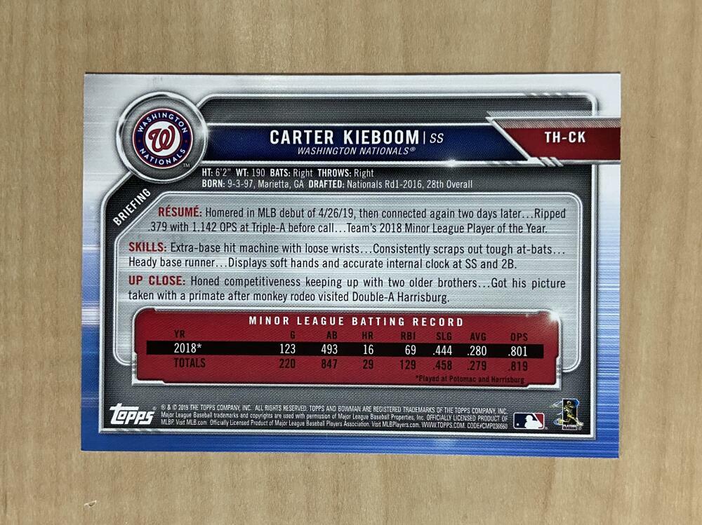 CARTER KIEBOOM WASHINGTON NATIONALS 2019 TOPPS HOLIDAY 149/150 CARD #TH-CK