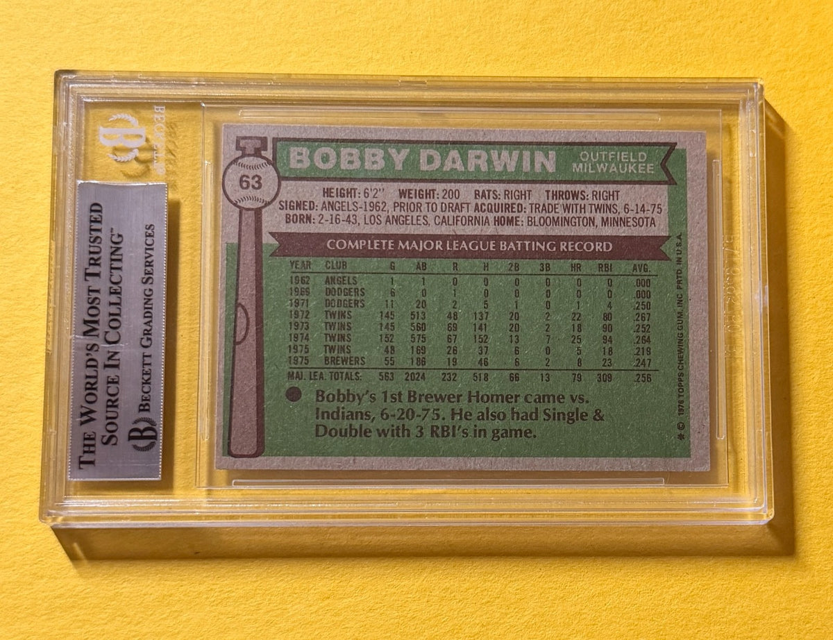 1976 TOPPS BOBBY DARWIN #63 SIGNED AUTO CARD BECKETT AUTHENTIC BREWERS