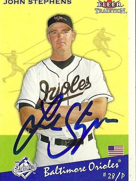JOHN STEPHENS BALTIMORE ORIOLES SIGNED AUTOGRAPHED 2002 FLEER CARD #U205 W/COA