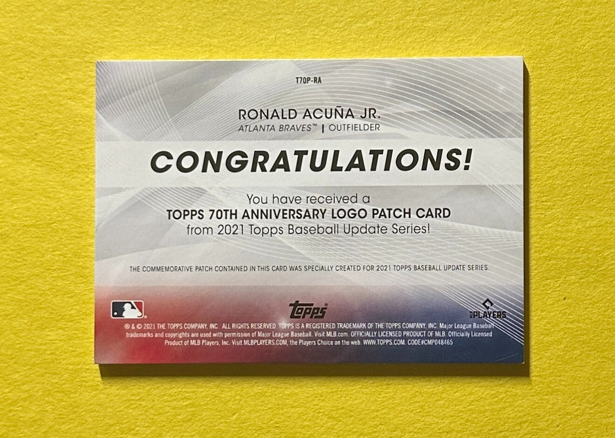 2021 TOPPS RONALD ACUNA JR. 70TH ANNIVERSARY LOGO PATCH CARD #T70P-RA BRAVES