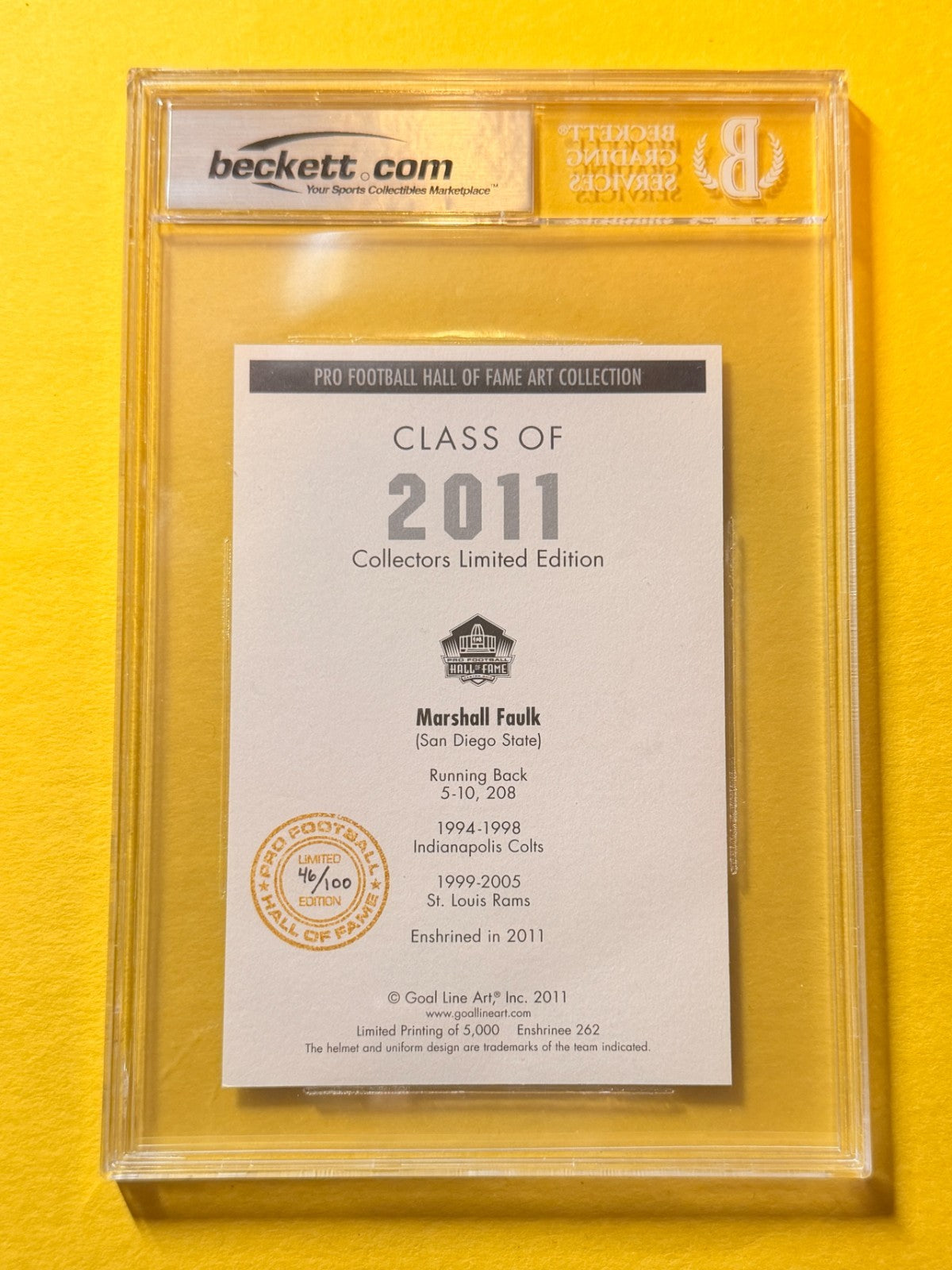 2011 GOAL LINE HOF MARSHALL FAULK #2 SIGNED ART BECKETT AUTHENTIC RAMS
