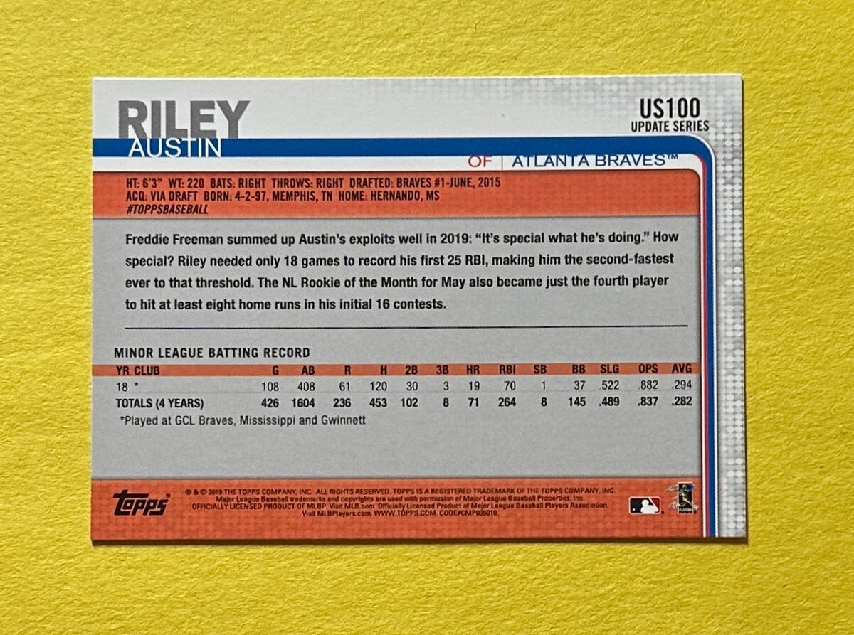 2019 TOPPS UPDATE AUSTIN RILEY ROOKIE CARD #US100 BRAVES