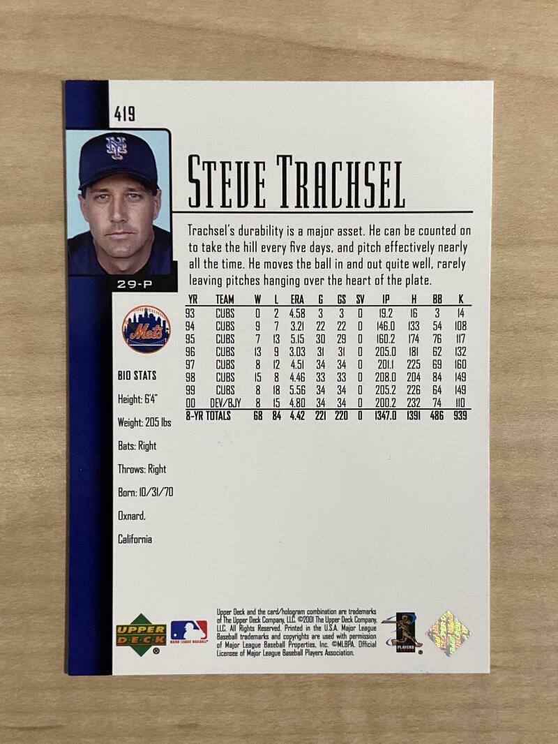 STEVE TRACHSEL NEW YORK METS SIGNED AUTOGRAPHED 2001 UPPER DECK CARD #419 W/COA