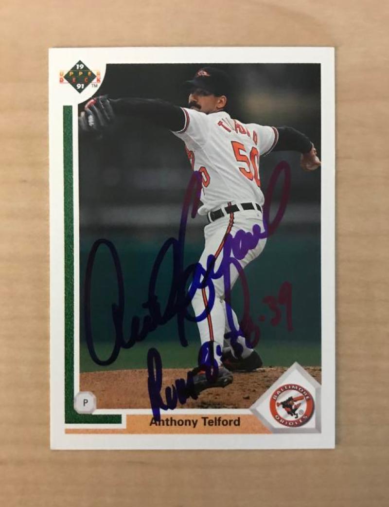 ANTHONY TELFORD BALTIMORE ORIOLES AUTOGRAPHED 1991 UPPER DECK CARD #304 W/COA 