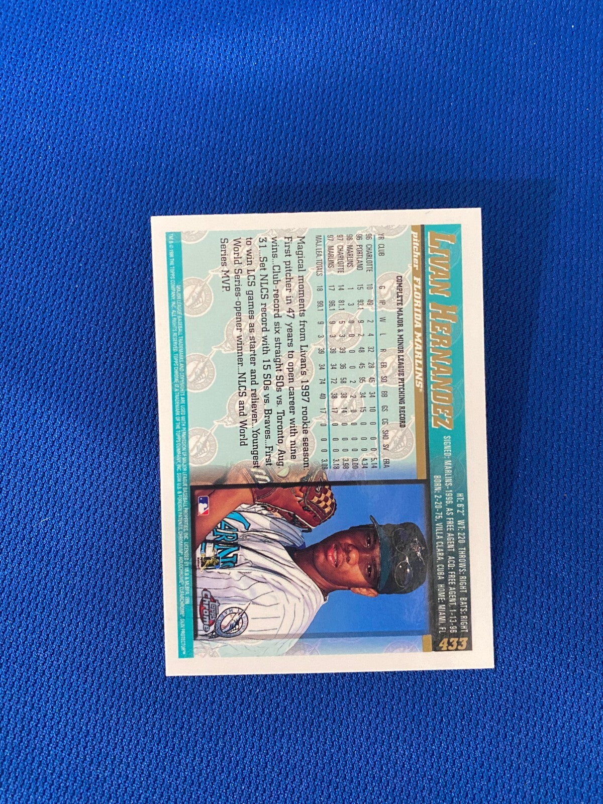 1998 TOPPS CHROME DAY LIVAN HERNANDEZ MARLINS AUTOGRAPH SIGNED CARD #433 W/COA