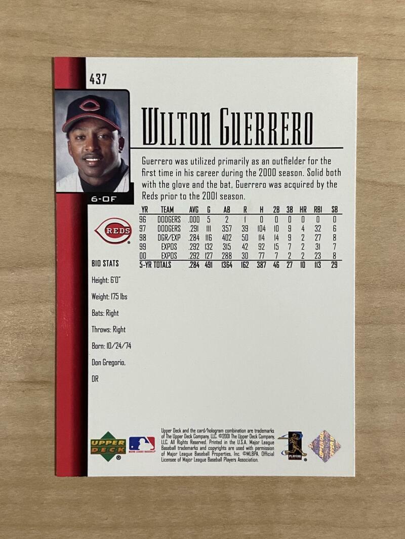 WILTON GUERRERO CINCINNATI REDS SIGNED 2001 UPPER DECK CARD #437 W/COA