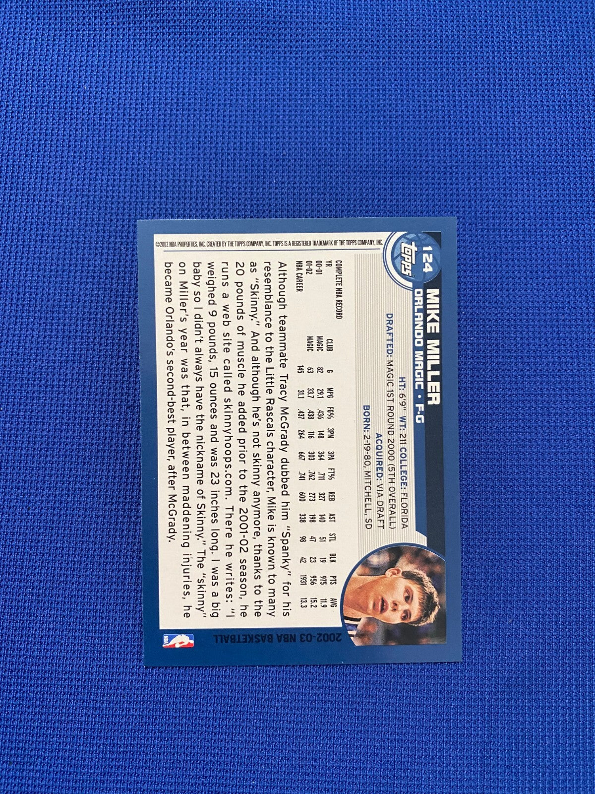 2002 TOPPS MIKE MILLER ORLANDO MAGIC SIGNED AUTO AUTOGRAPHED CARD #124 W/COA