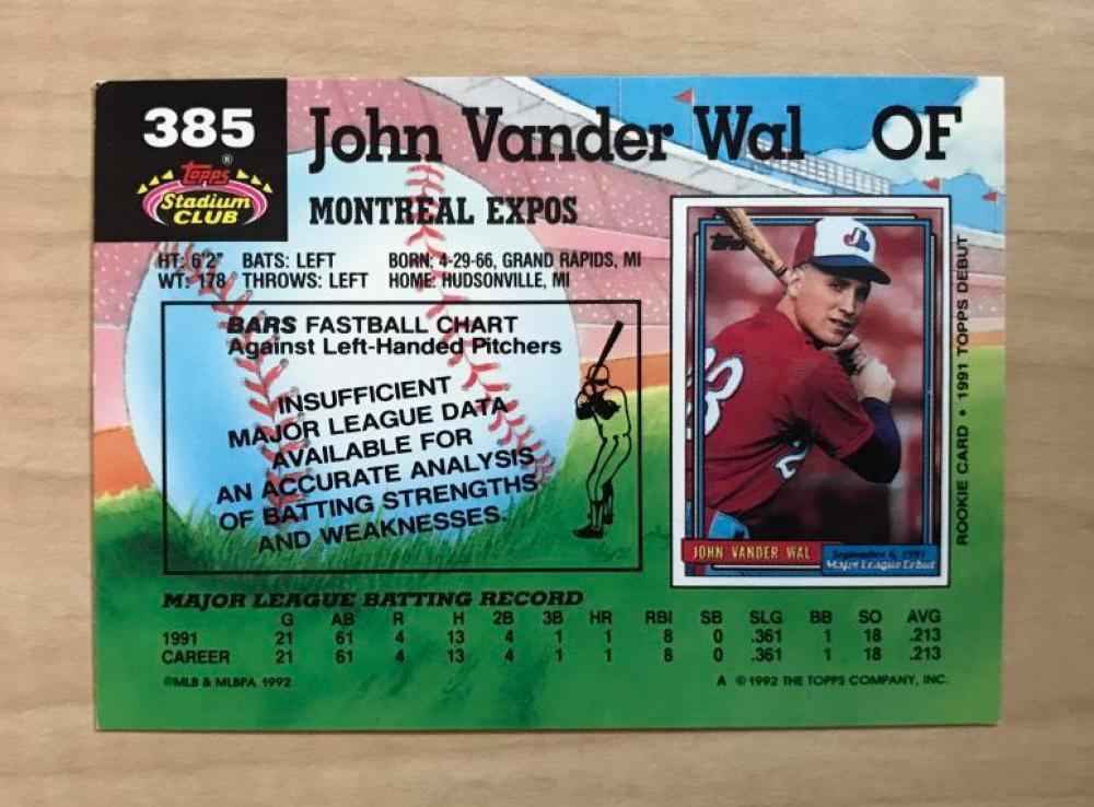 JOHN VANDER WAL MONTREAL EXPOS SIGNED AUTOGRAPHED 1992 TOPPS CARD #385 W/COA 