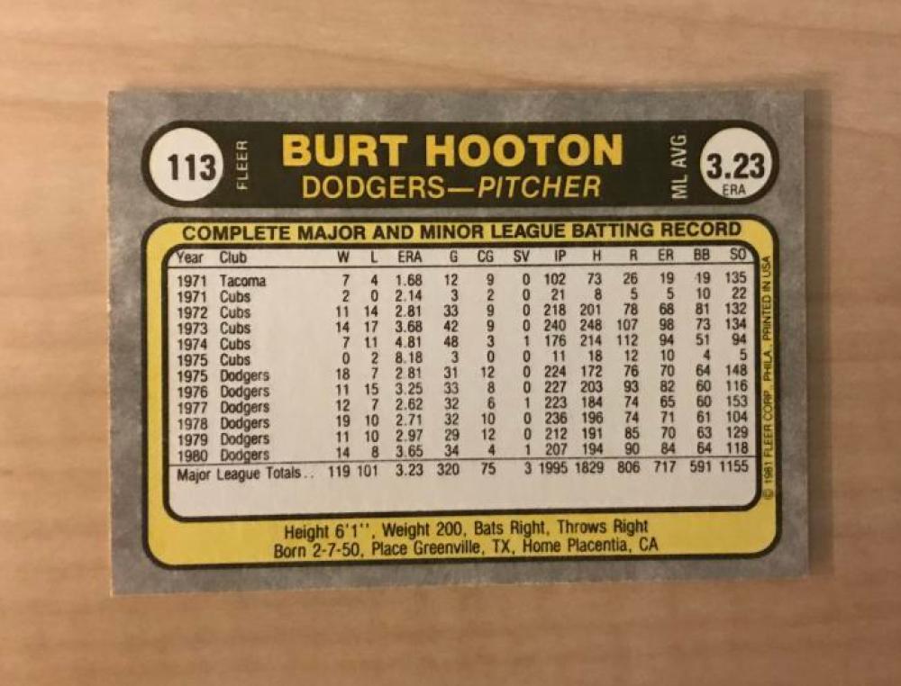 BURT HOOTON LOS ANGLES DODGERS SIGNED AUTOGRAPHED 1981 FLEER CARD #113 W/COA 