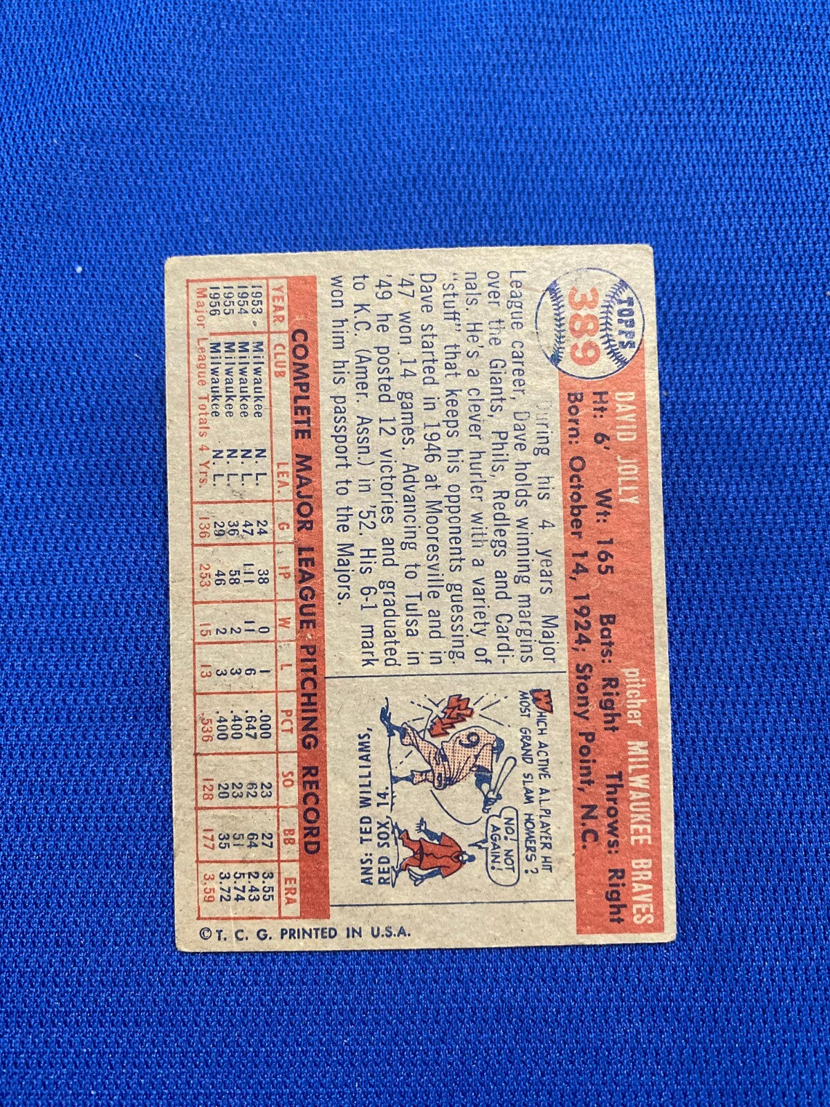 1957 TOPPS DAVE JOLLY MILWAUKEE BRAVES #389 CARD VINTAGE SET-BREAK