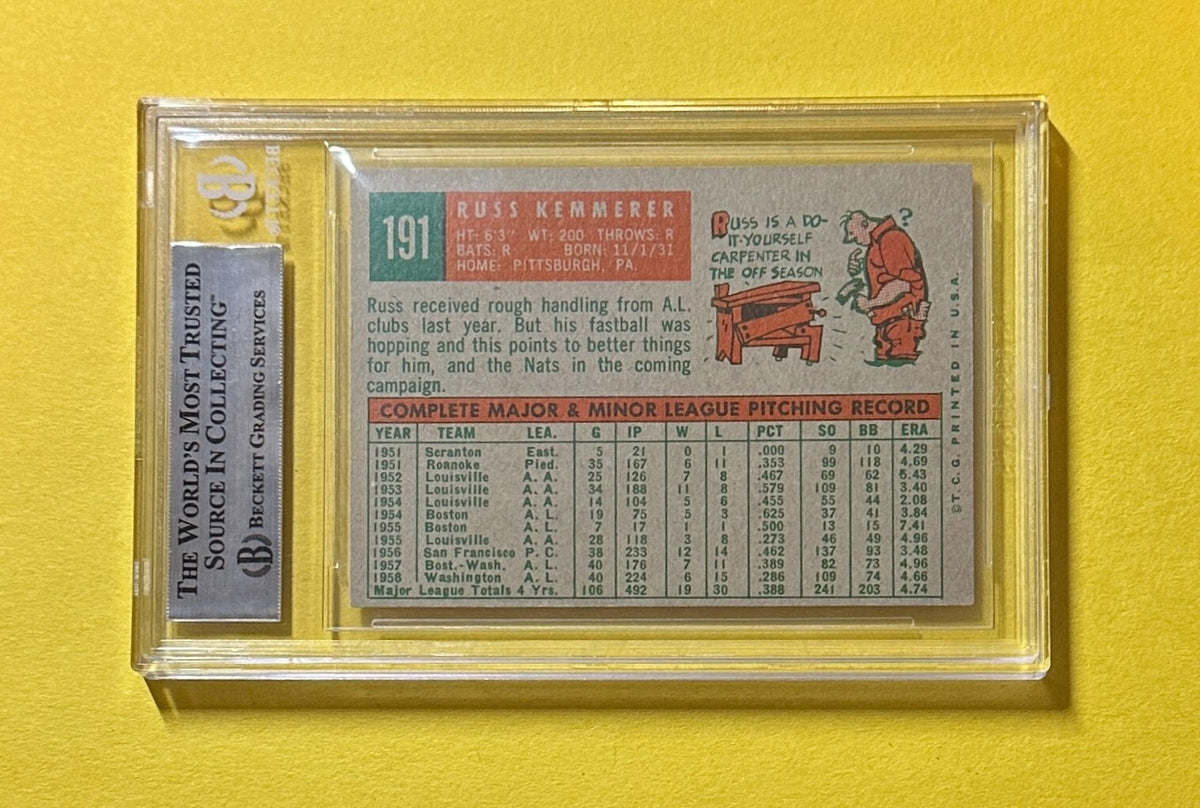 1959 TOPPS RUSS KEMMERER #191 BECKETT AUTHENTIC SIGNED AUTOGRAPH CARD SENATORS