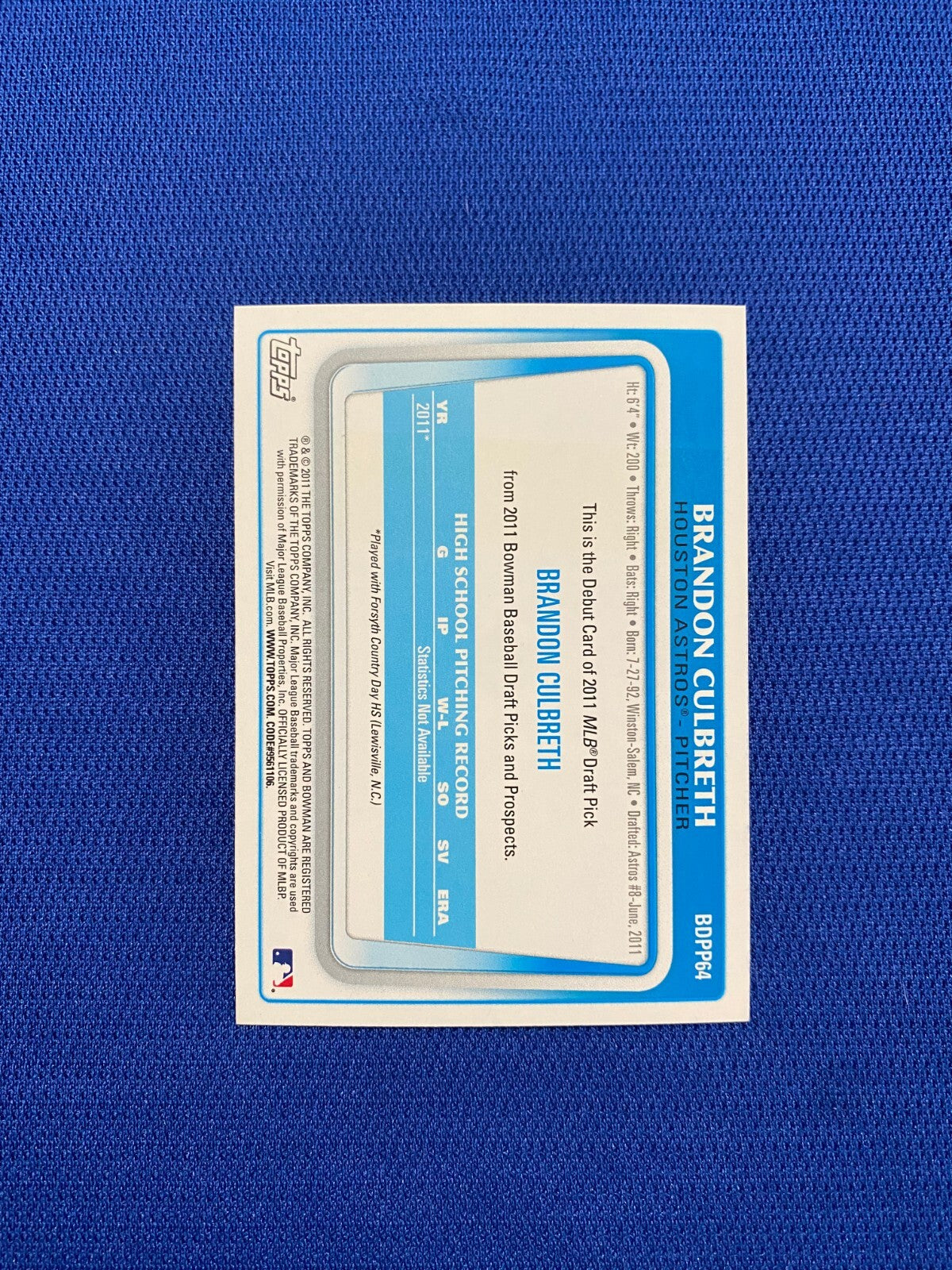2011 BOWMAN DP BRANDON CULBRETH ASTROS SIGNED AUTO AUTOGRAPH #BDPP64 CARD #W/COA