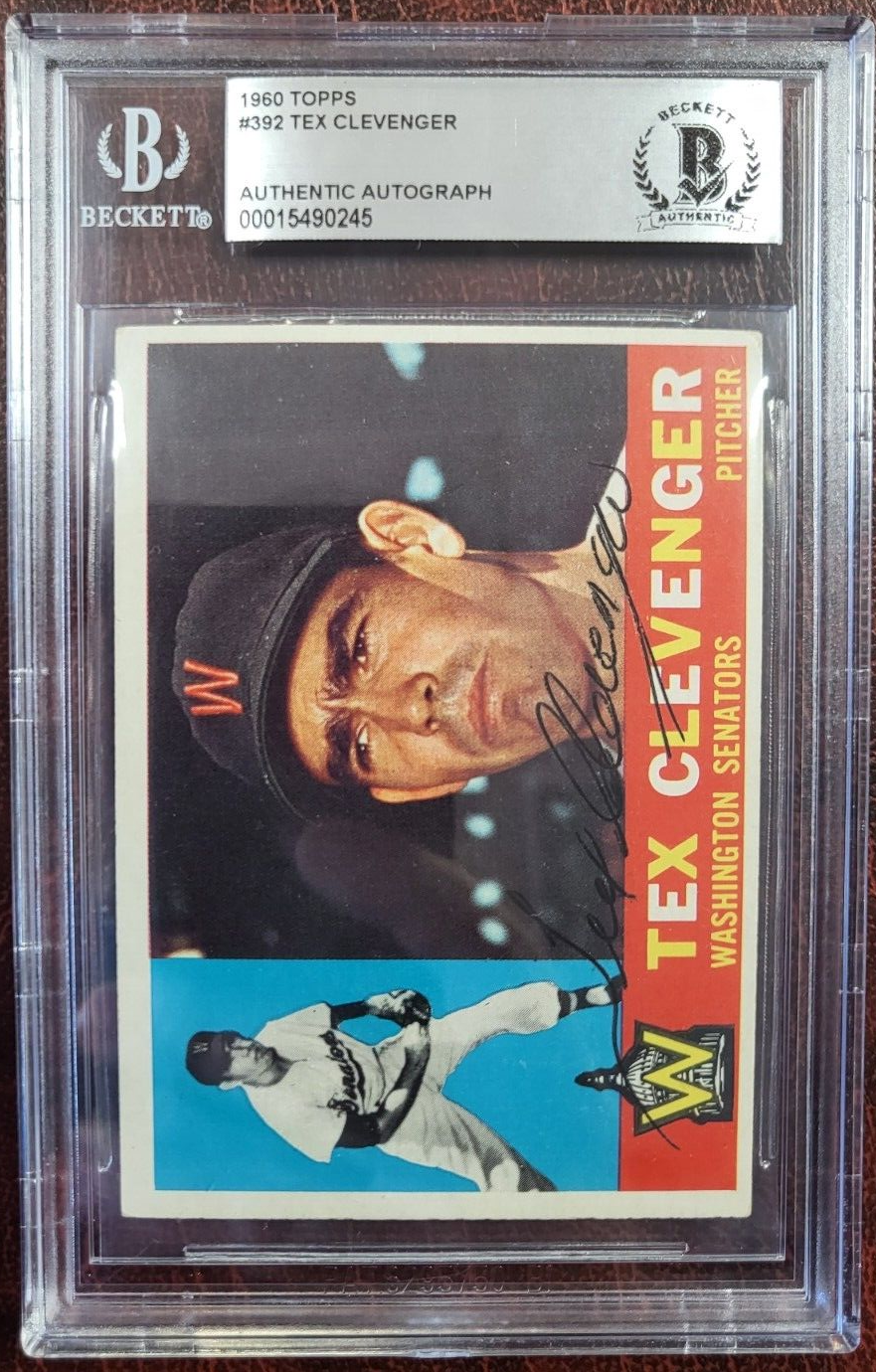 1959 TOPPS TEX CLEVENGER SENATORS SIGNED AUTOGRAPH #392 CARD BECKETT AUTHENTIC