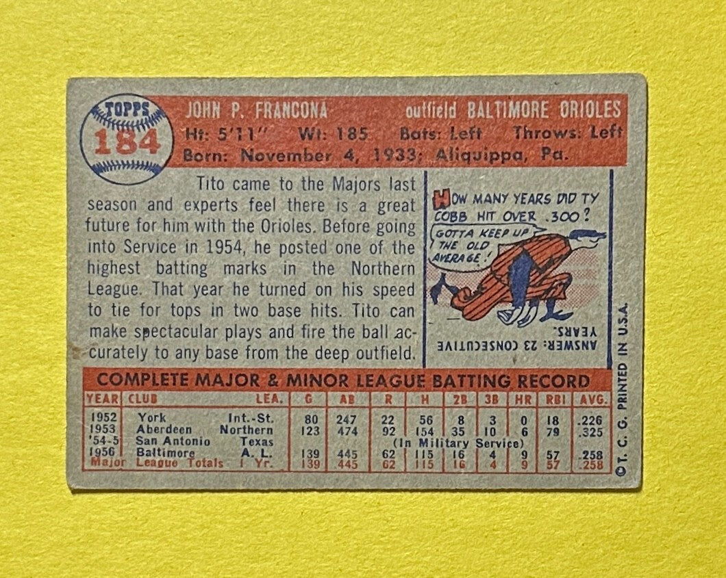 1957 TOPPS TITO FRANCONA #184 ORIOLES ROOKIE CARD