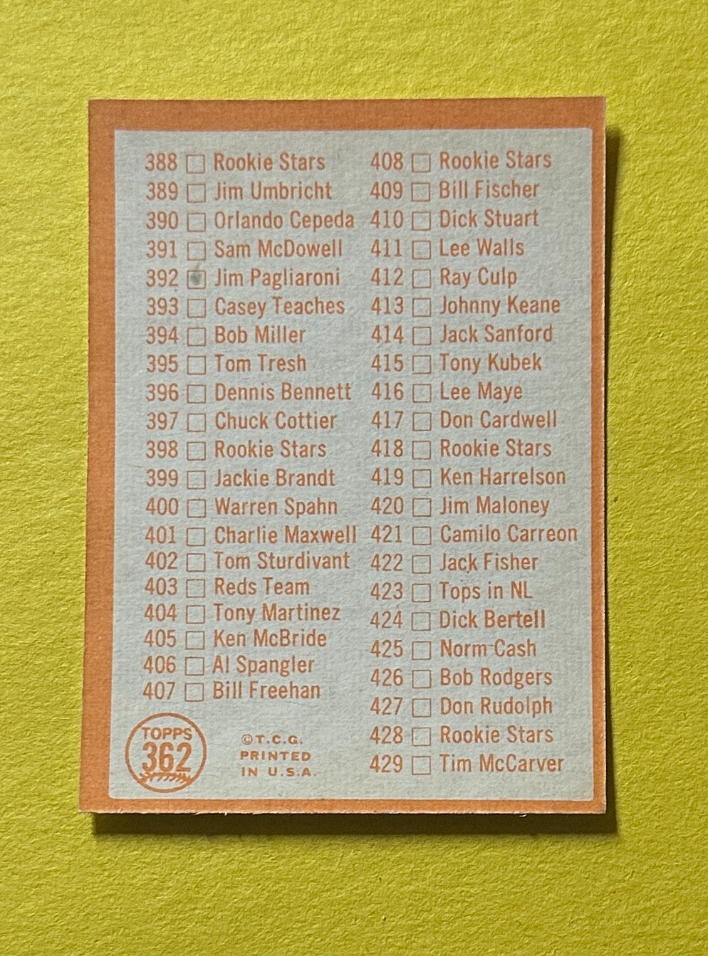 1964 TOPPS BASEBALL CHECKLIST 5TH SERIES #362