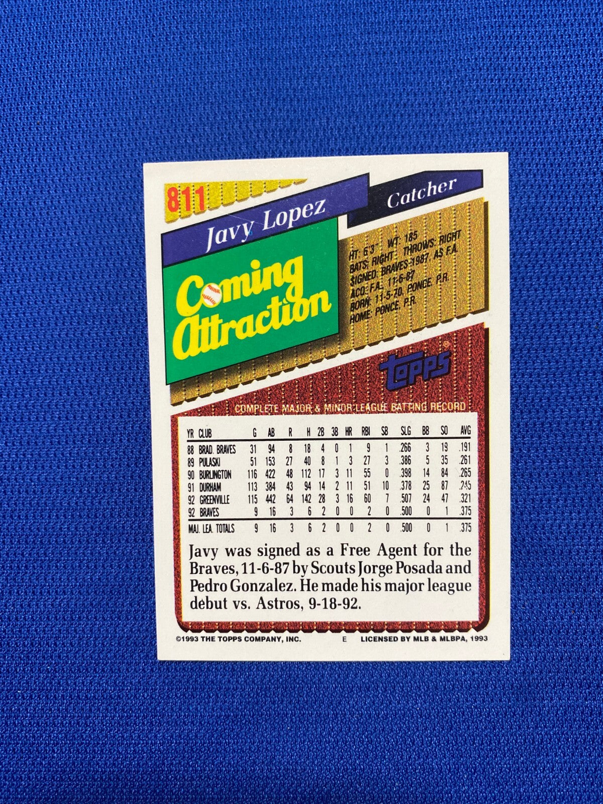 1993 TOPPS JAVY LOPEZ ATLANTA BRAVES SIGNED AUTOGRAPHED #811 CARD W/COA
