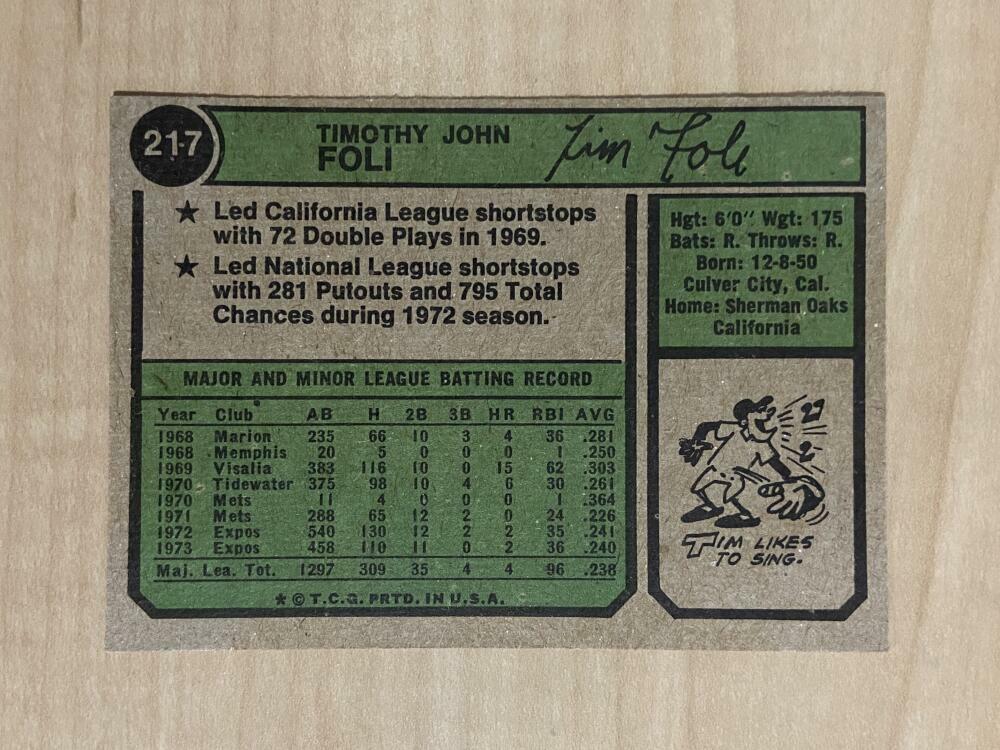 TIM FOLI MONTREAL EXPOS SIGNED VINTAGE 1974 TOPPS CARD #217 W/COA