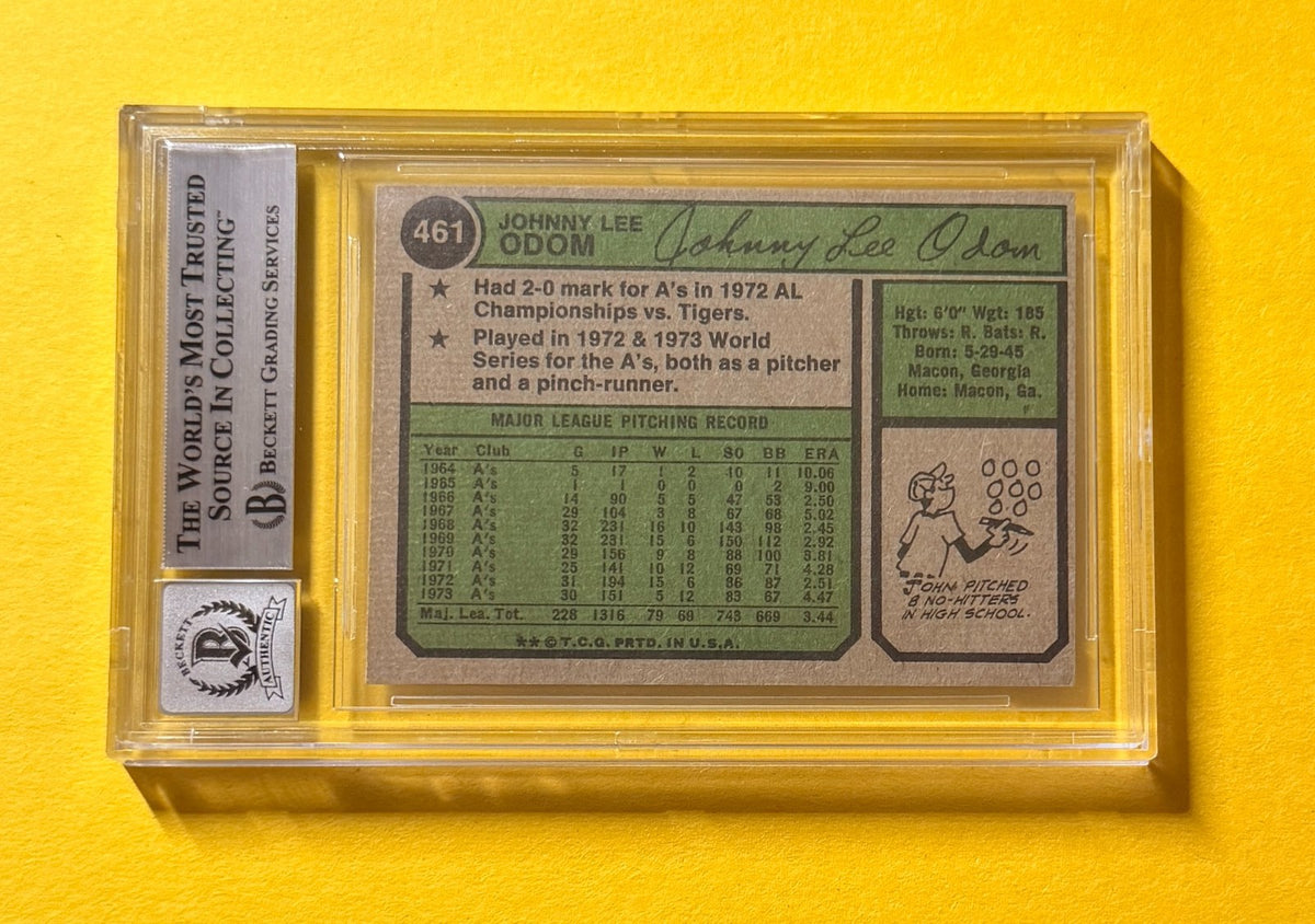1975 TOPPS JOHN ODOM  #461 SIGNED AUTO CARD BECKETT 10 AUTHENTIC A'S
