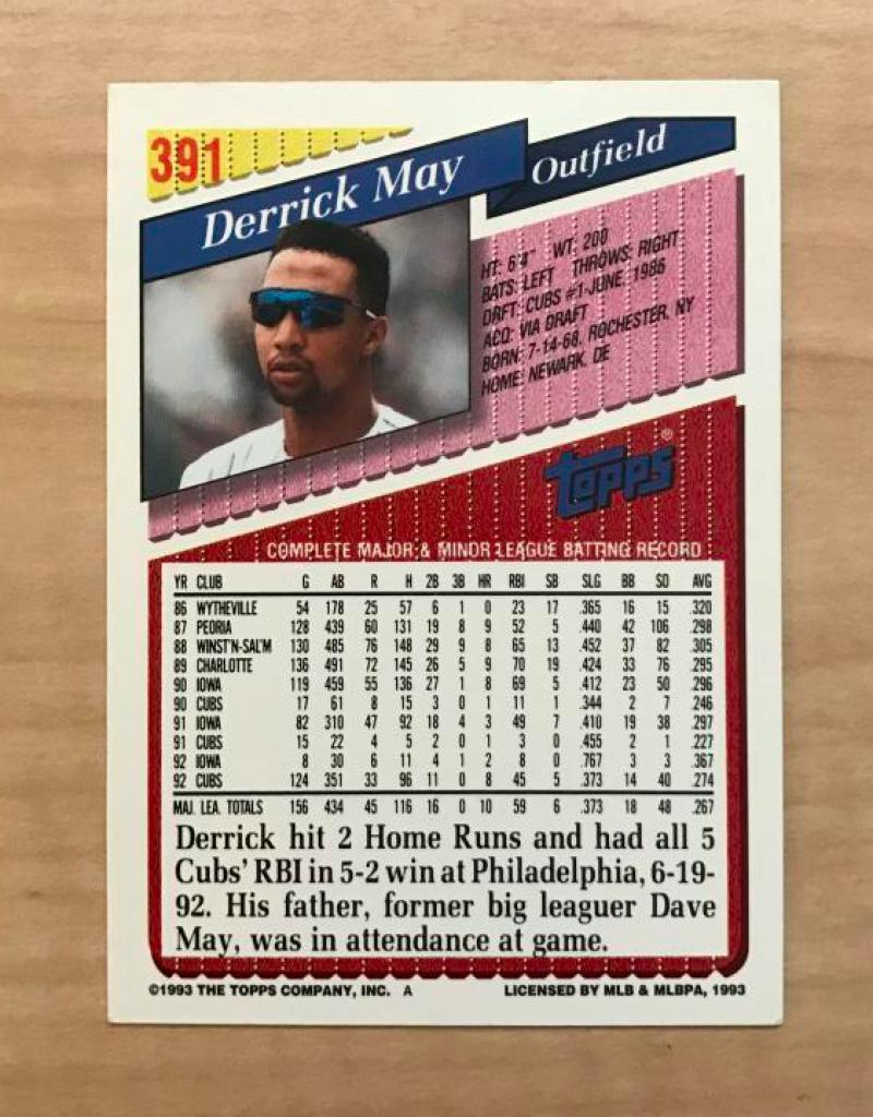 DERRICK MAY CHICAGO CUBS SIGNED AUTOGRAPHED 1993 TOPPS CARD #391 W/COA