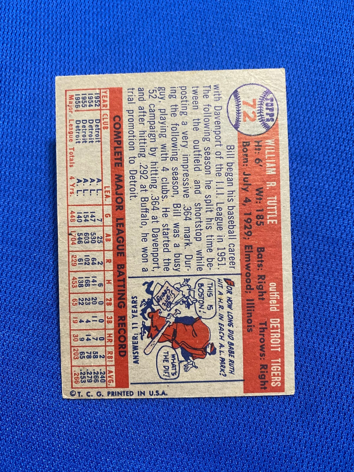 1957 TOPPS BILL TUTTLE DETROIT TIGERS #72 CARD VINTAGE SET-BREAK