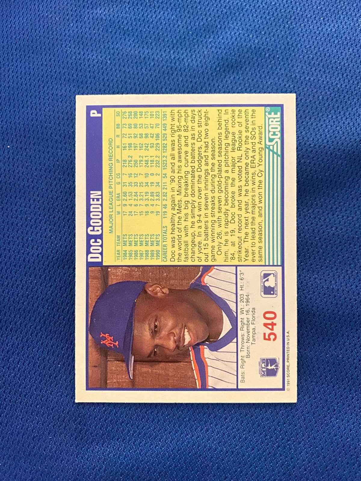 1991 SCORE DWIGHT GOODEN NEW YORK METS SIGNED AUTOGRAPHED CARD #540 W/COA