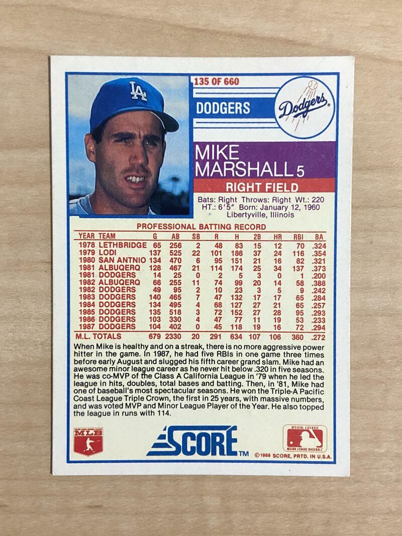 MIKE MARSHALL LOS ANGELES DODGERS SIGNED AUTOGRAPHED 1988 SCORE CARD #135 W/COA