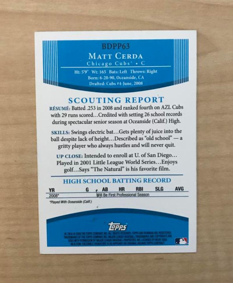 MATT CERDA CHICAGO CUBS SIGNED AUTOGRAPHED 2009 BOWMAN CARD #BDPP63 W/COA 