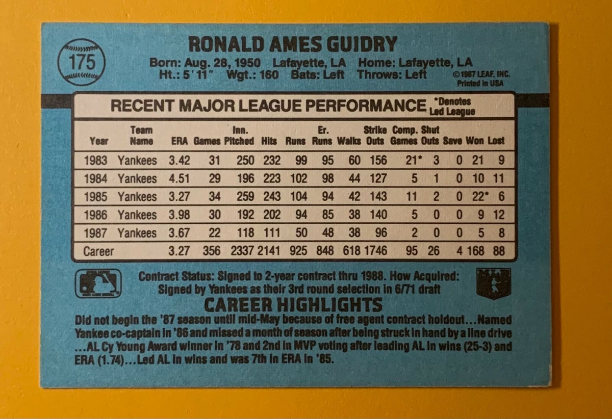 1988 DONRUSS RON GUIDRY YANKEES #175 SIGNED AUTOGRAPHED CARD W/ COA