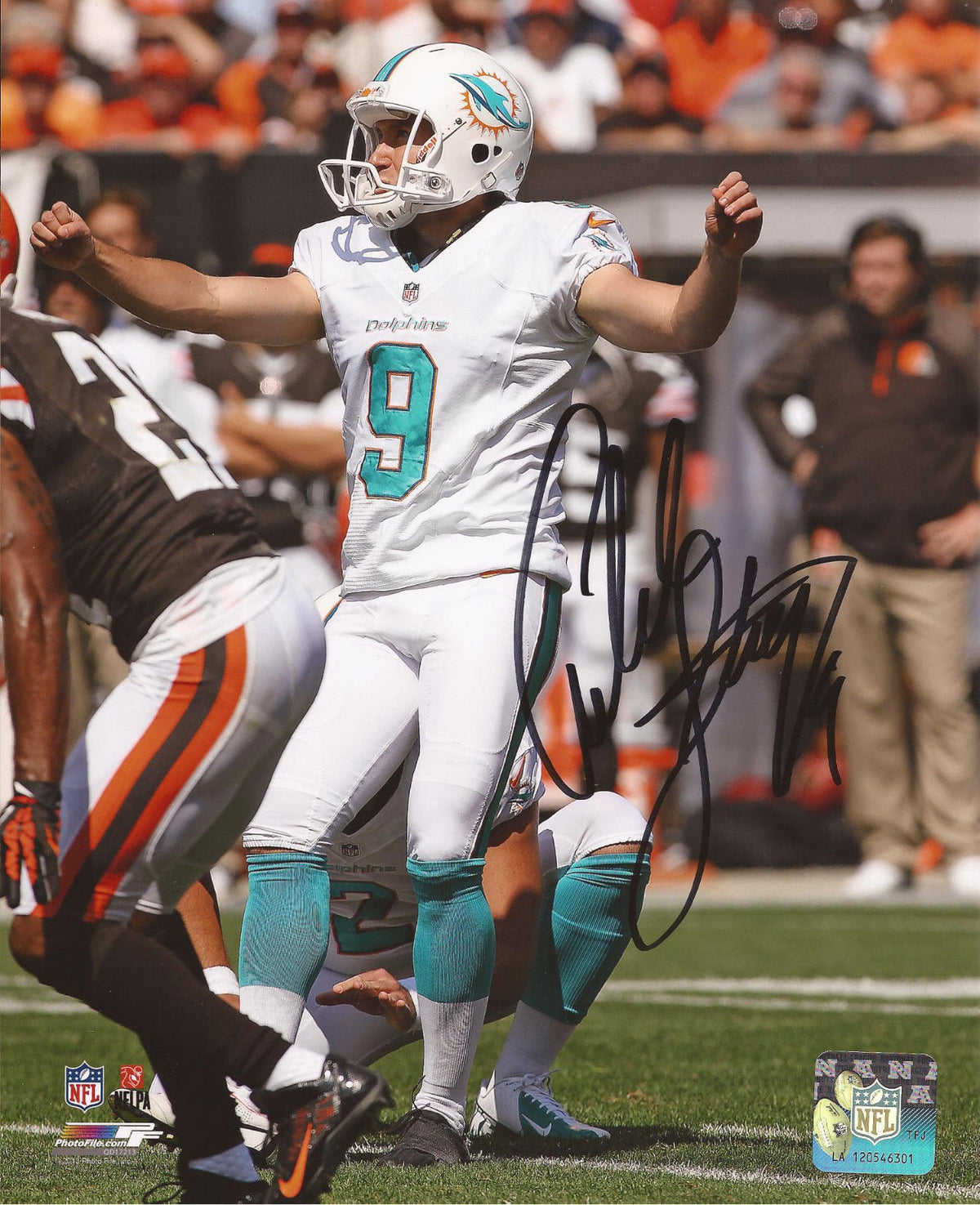 CALEB STURGIS MIAMI DOLPHINS SIGNED AUTOGRAPH KICKING 8X10 PHOTO W/COA PROOF PIC