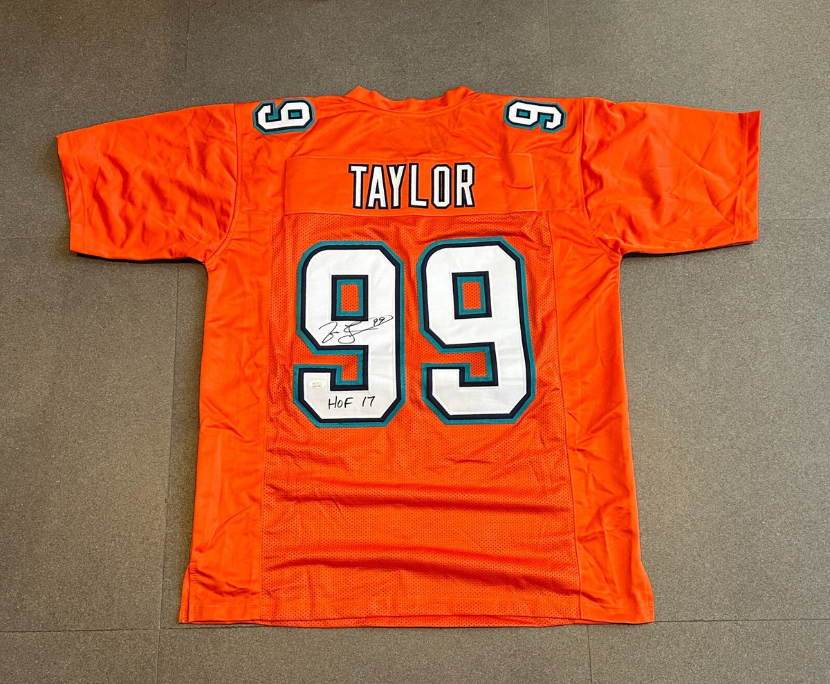 JASON TAYLOR DOLPHINS SIGNED AUTOGRAPHED ORANGE "HOF 17" CUSTOM JERSEY SZ XL JSA