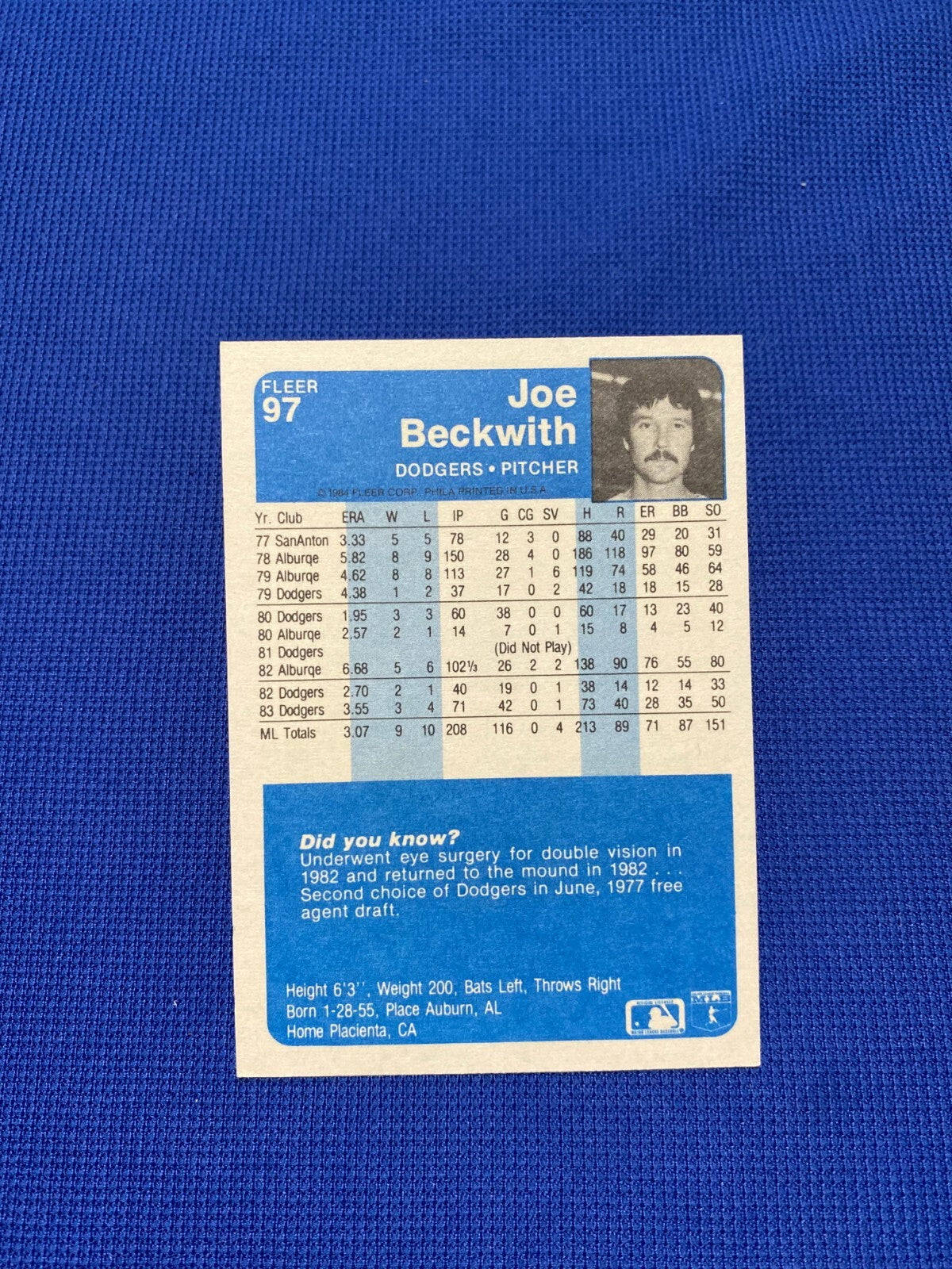 1984 FLEER JOE BECKWITH LA DODGERS SIGNED AUTOGRAPHED AUTO CARD #97 W/COA