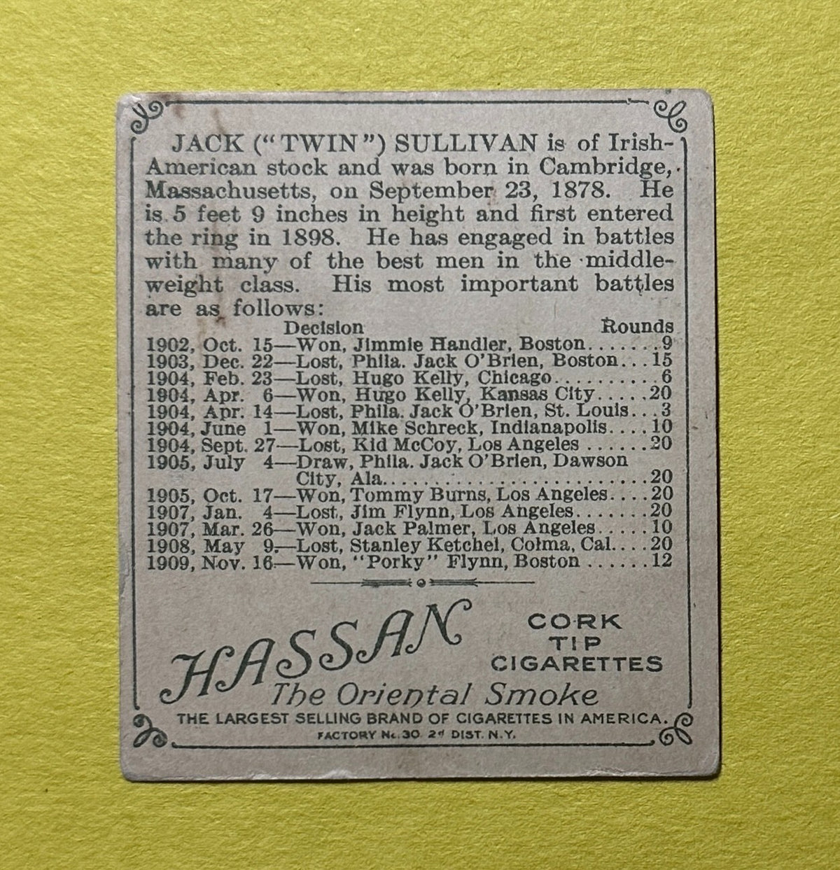 1910 T-218 CHAMPIONS JACK (TWIN) SULLIVAN BOXING CARD