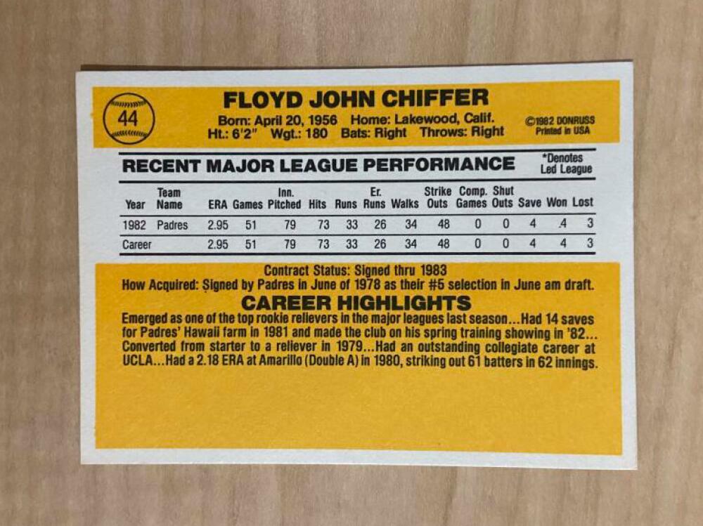 FLOYD CHIFFER SAN DIEGO PADRES SIGNED AUTOGRAPHED 1983 DONRUSS CARD #44 W/COA