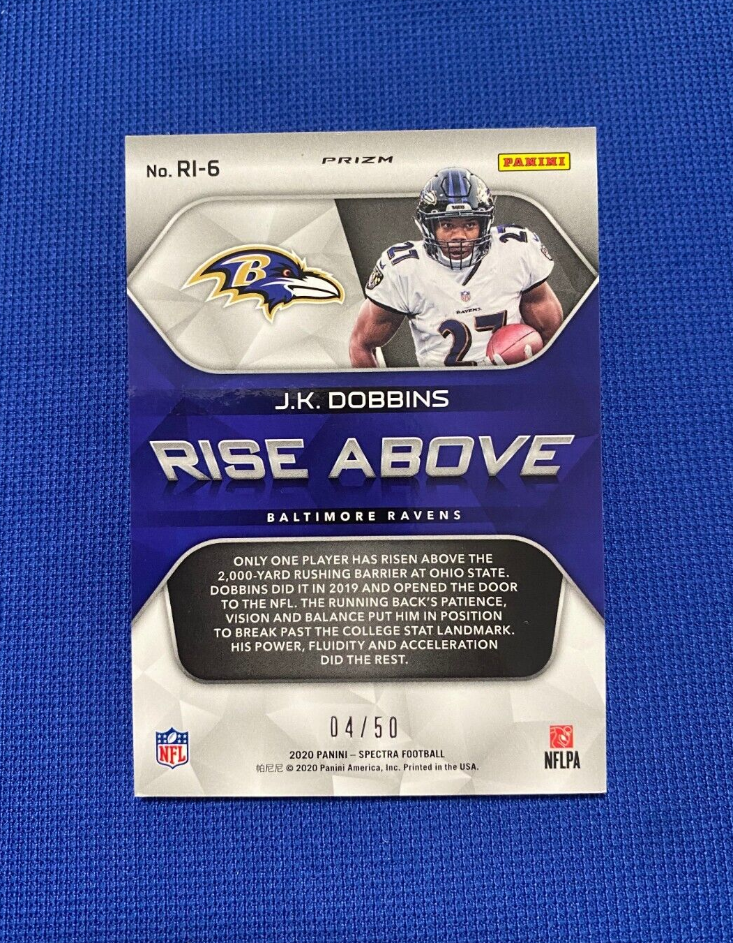 2020 PANINI SPECTRA J.K. DOBBINS RAVENS RISE ABOVE PRIZM CARD #NO RI-6 /50
