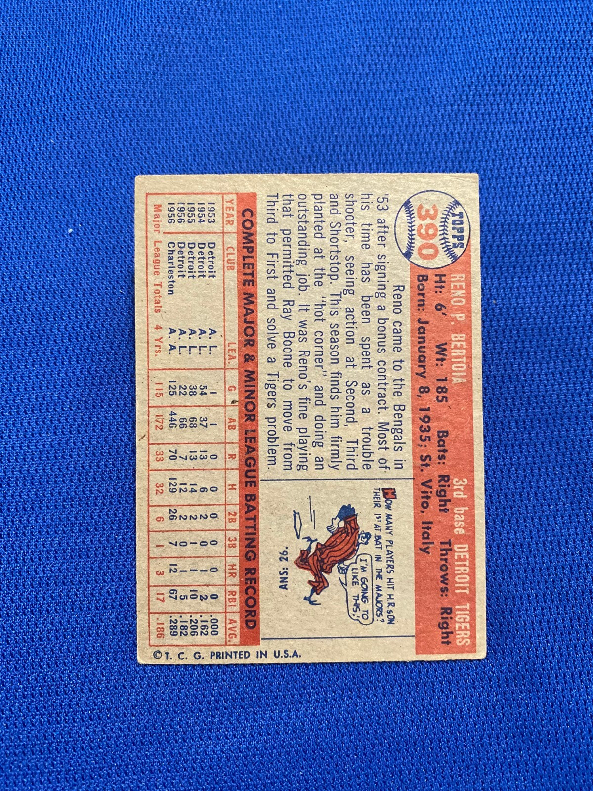 1957 TOPPS RENO BERTOIA DETROIT TIGERS #390 CARD VINTAGE SET-BREAK
