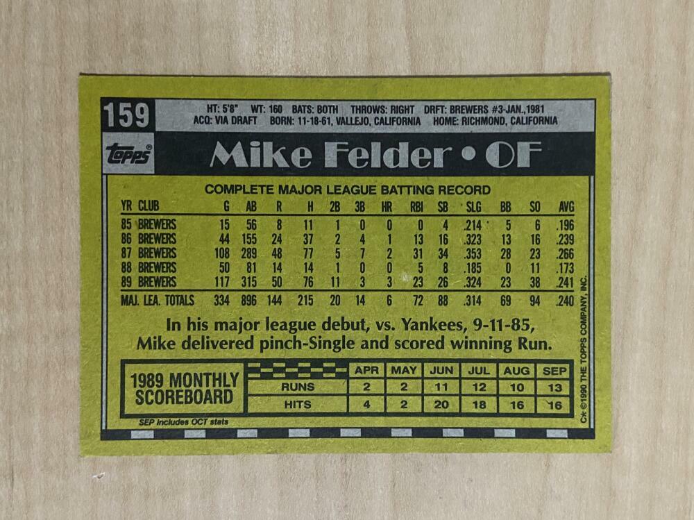 MIKE FELDER MILWAUKEE BREWERS SIGNED AUTOGRAPHED 1990 TOPPS CARD #159 W/COA
