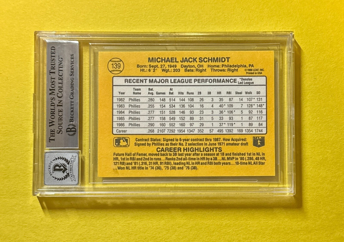 1987 DONRUSS MIKE SCHMIDT #139 SIGNED AUTO BECKETT AUTH 10 INSCRIBED "80 WS MVP"