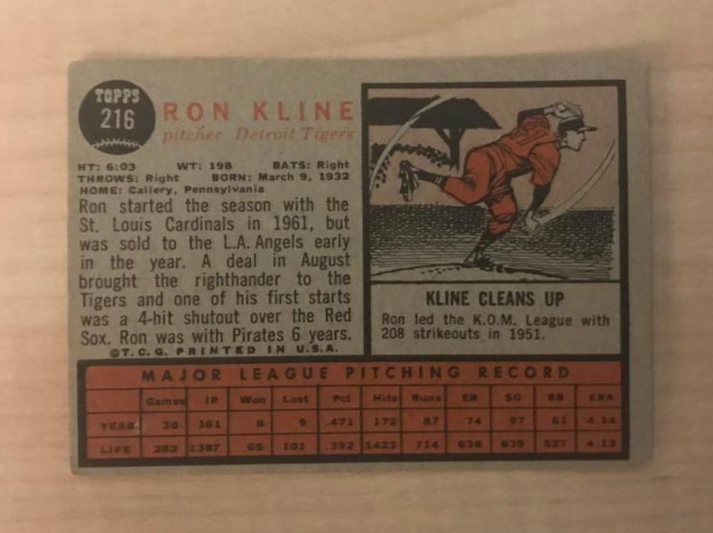 RON KLINE DETROIT TIGERS SIGNED VINTAGE DECEASED 1962 TOPPS CARD #216 W/COA