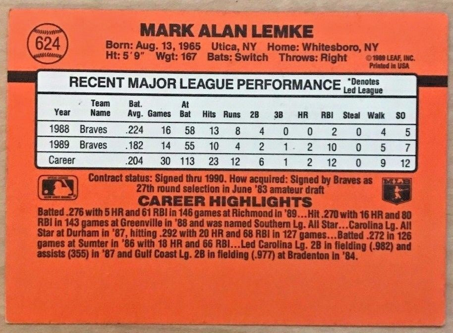 MARK LEMKE ATLANTA BRAVES SIGNED 1990 DONRUSS #624