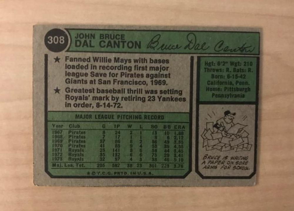 BRUCE DAL CANTON KANSAS CITY ROYALS SIGNED DECEASED 1974 TOPPS CARD #308 W/COA