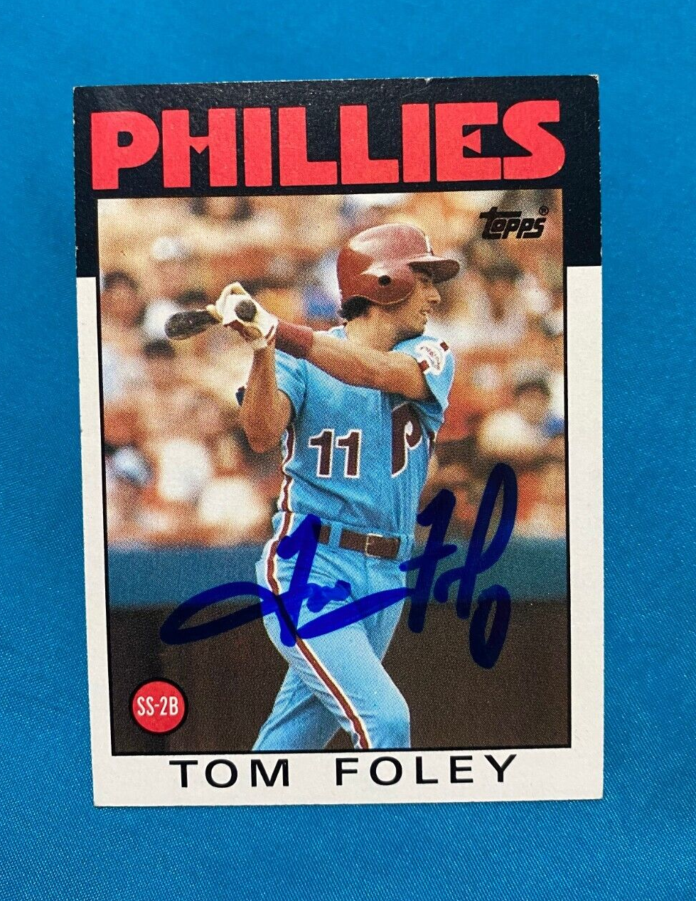 1986 TOPPS TOM FOLEY PHILADELPHIA PHILLIES AUTOGRAPHED SIGNED CARD #466 W/COA *
