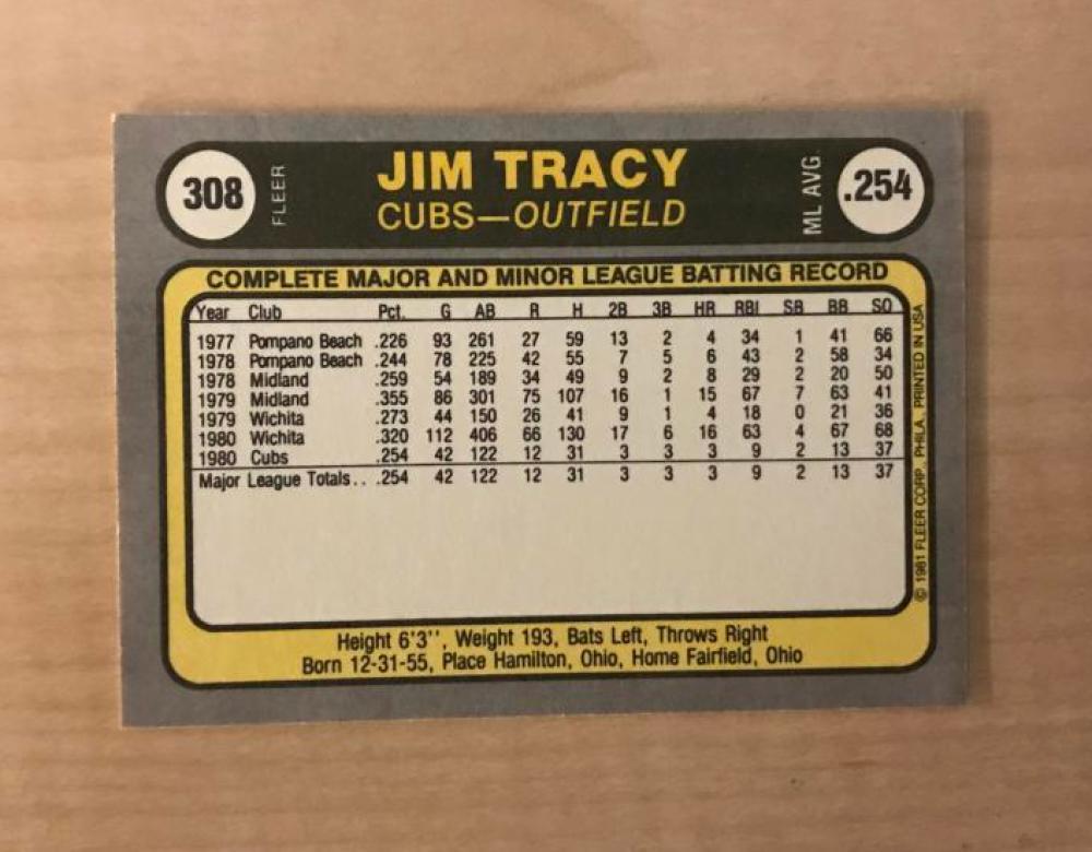 JIM TRACY CHICAGO CUBS SIGNED AUTOGRAPHED 1981 FLEER CARD #308 W/COA