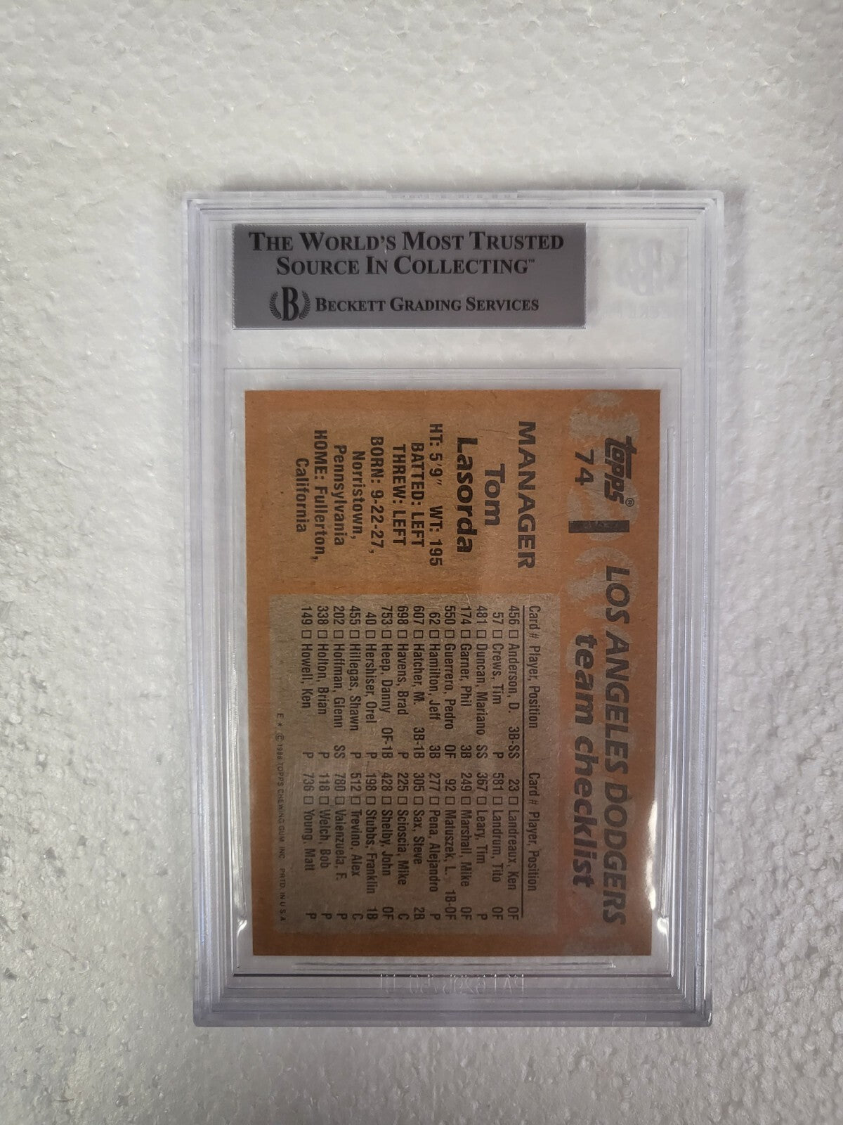 1988 TOPPS TOMMY LASORDA DODGERS MGR SIGNED AUTOGRAPHED #74 CARD BECKETT AUTH
